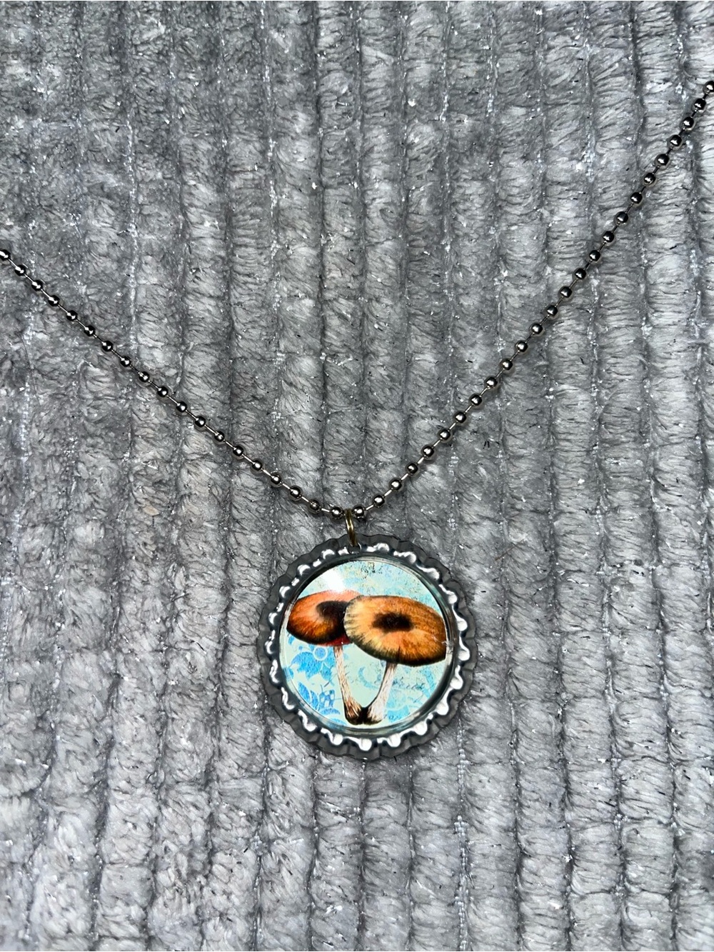 Mushroom Art Bottle Cap Pendant Necklace in Aqua and Brown